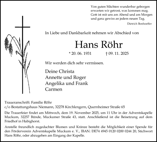 Traueranzeige von Hans Röhr von Neue Westfälische und Westfalen-Blatt