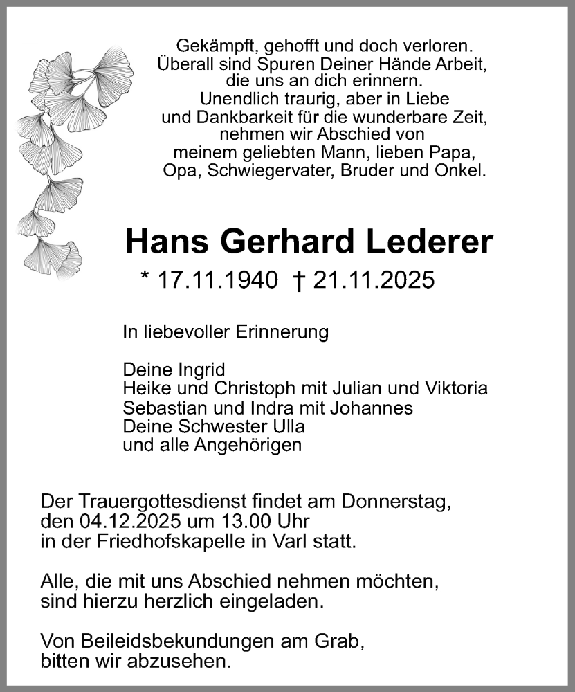  Traueranzeige für Hans Gerhard Lederer vom 29.11.2025 aus Neue Westfälische und Westfalen-Blatt