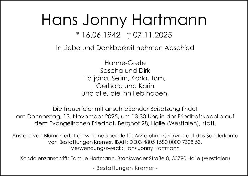  Traueranzeige für Hans Jonny Hartmann vom 11.11.2025 aus Neue Westfälische und Westfalen-Blatt