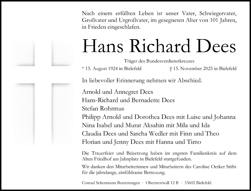  Traueranzeige für Hans Richard Dees vom 22.11.2025 aus Neue Westfälische und Westfalen-Blatt
