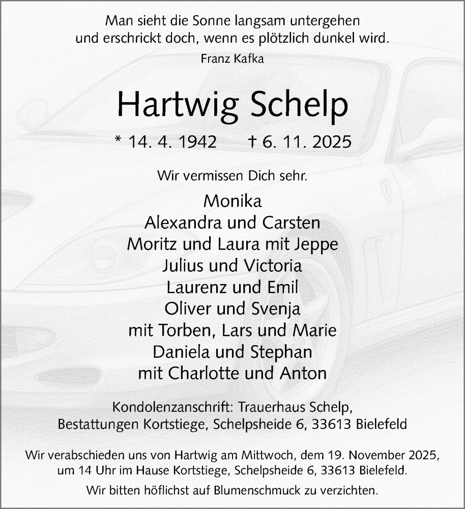  Traueranzeige für Hartwig Schelp vom 15.11.2025 aus Neue Westfälische und Westfalen-Blatt