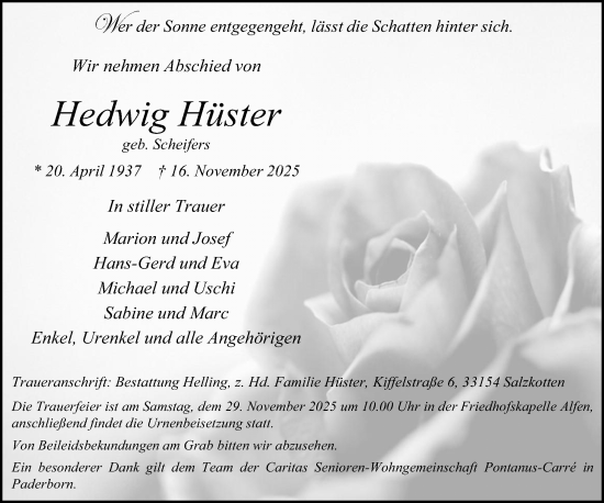 Traueranzeige von Hedwig Hüster von Neue Westfälische und Westfalen-Blatt