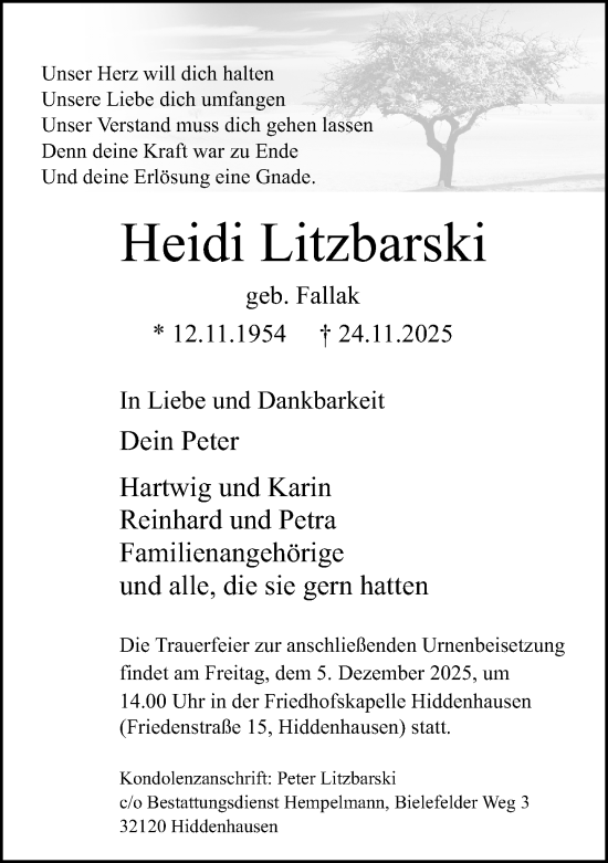 Traueranzeige von Heidi Litzbarski von Neue Westfälische und Westfalen-Blatt