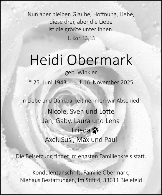 Traueranzeige von Heidi Obermark von Neue Westfälische und Westfalen-Blatt