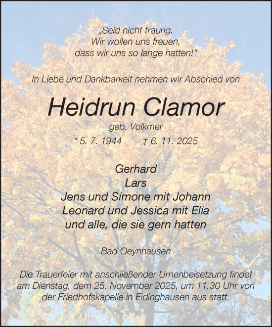 Traueranzeige von Heidrun Clamor von Neue Westfälische und Westfalen-Blatt