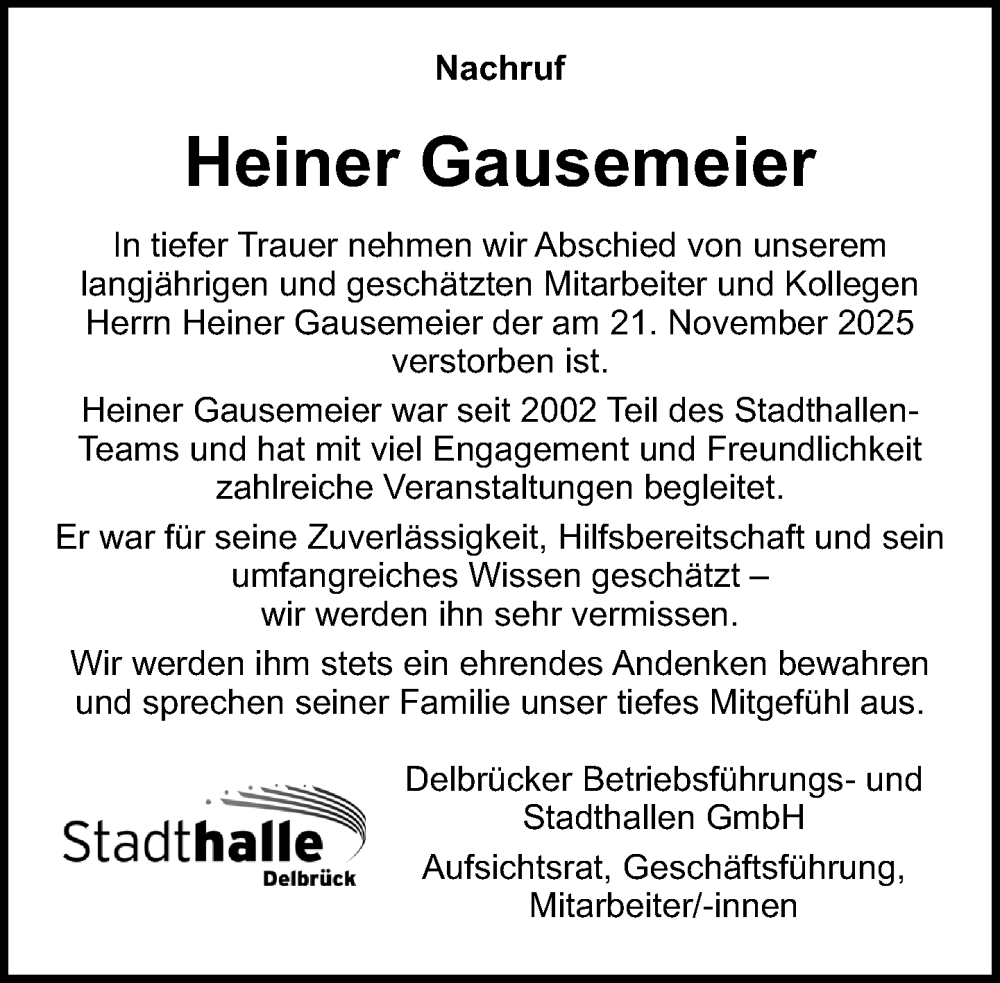  Traueranzeige für Heiner Gausemeier vom 29.11.2025 aus Neue Westfälische und Westfalen-Blatt