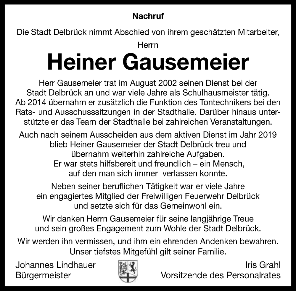  Traueranzeige für Heiner Gausemeier vom 29.11.2025 aus Neue Westfälische und Westfalen-Blatt