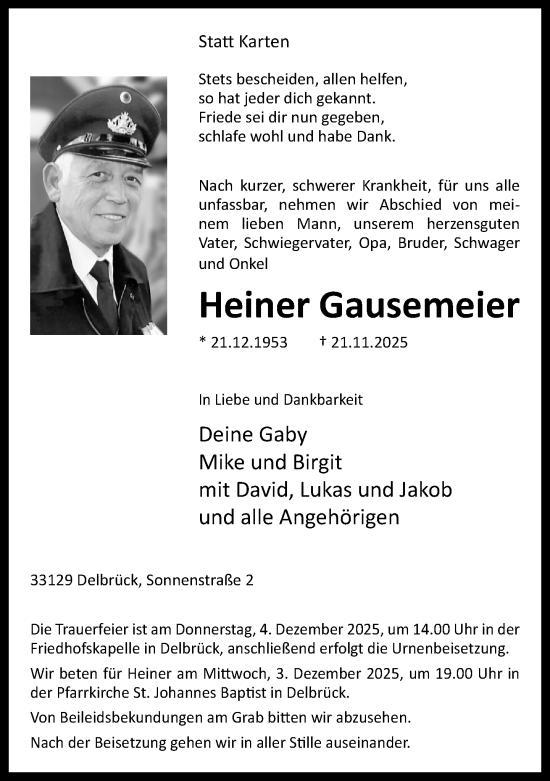 Traueranzeige von Heiner Gausemeier von Neue Westfälische und Westfalen-Blatt