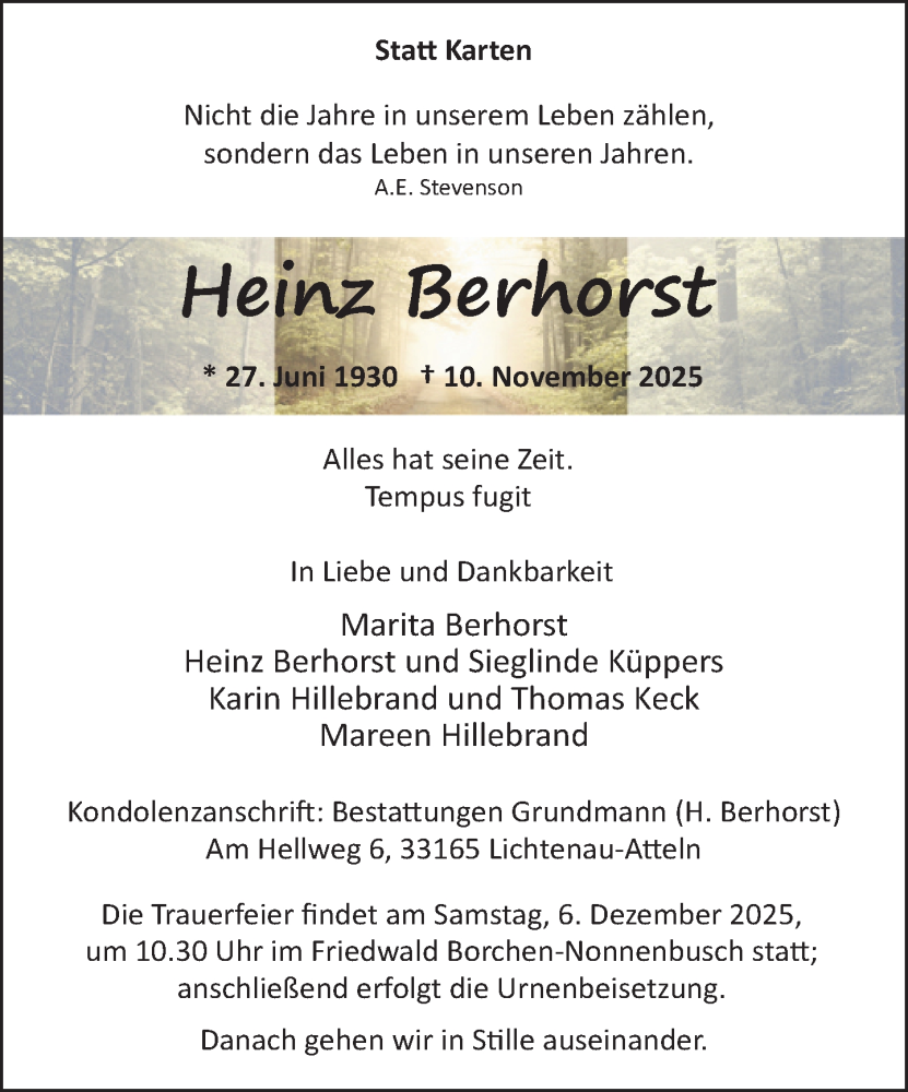  Traueranzeige für Heinz Berhorst vom 22.11.2025 aus Neue Westfälische und Westfalen-Blatt
