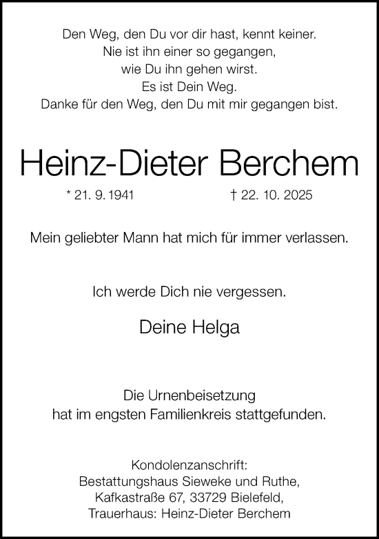 Traueranzeige von Heinz-Dieter Berchem von Neue Westfälische und Westfalen-Blatt