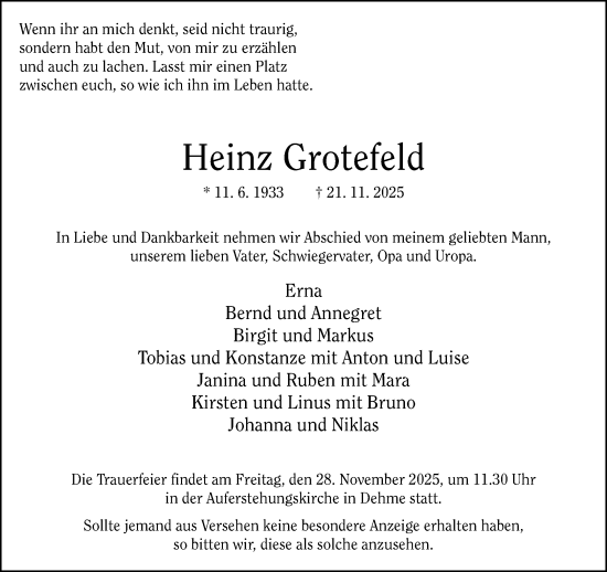 Traueranzeige von Heinz Grotefeld von Neue Westfälische und Westfalen-Blatt