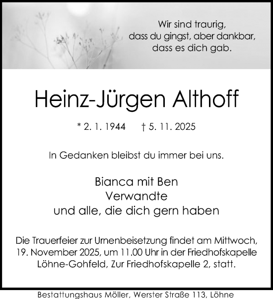 Traueranzeige von Heinz-Jürgen Althoff von Neue Westfälische und Westfalen-Blatt