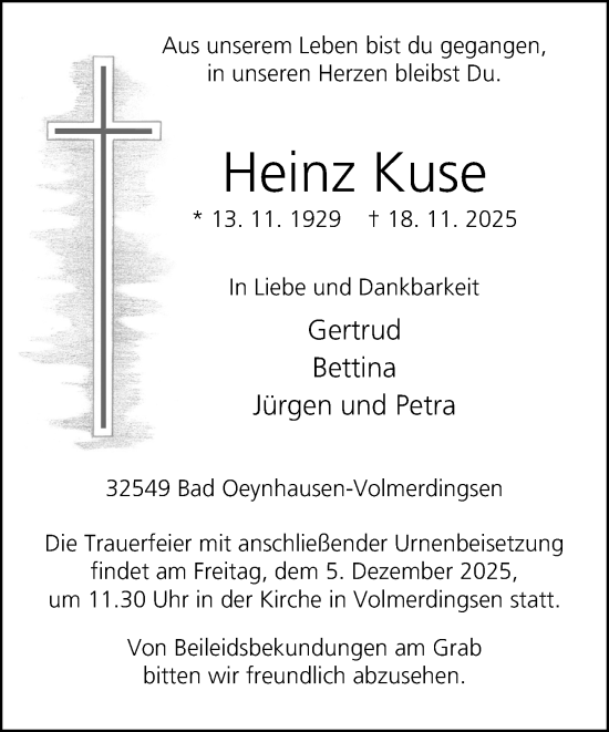 Traueranzeige von Heinz Kuse von Neue Westfälische und Westfalen-Blatt