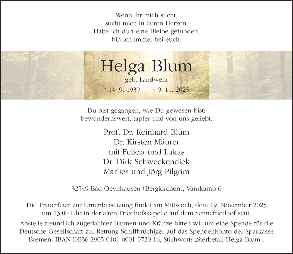  Traueranzeige für Helga Blum vom 15.11.2025 aus Neue Westfälische und Westfalen-Blatt
