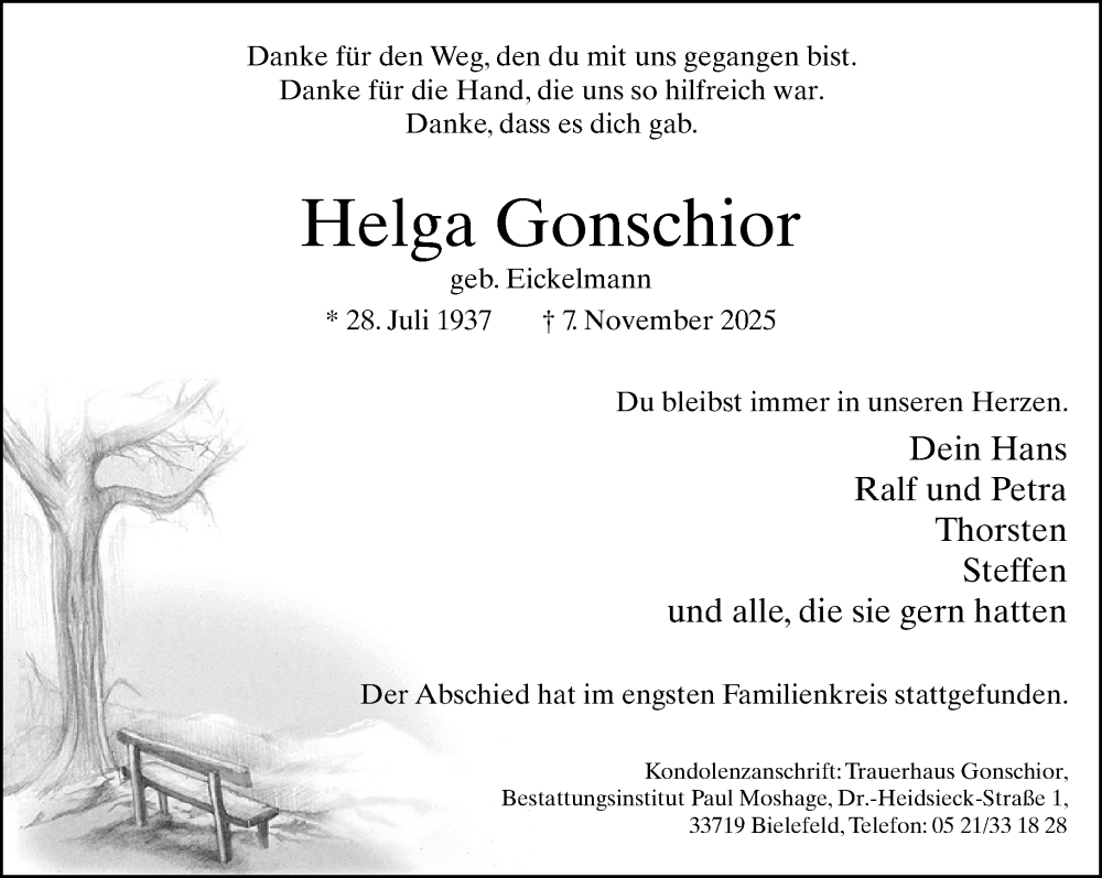  Traueranzeige für Helga Gonschior vom 15.11.2025 aus Neue Westfälische und Westfalen-Blatt