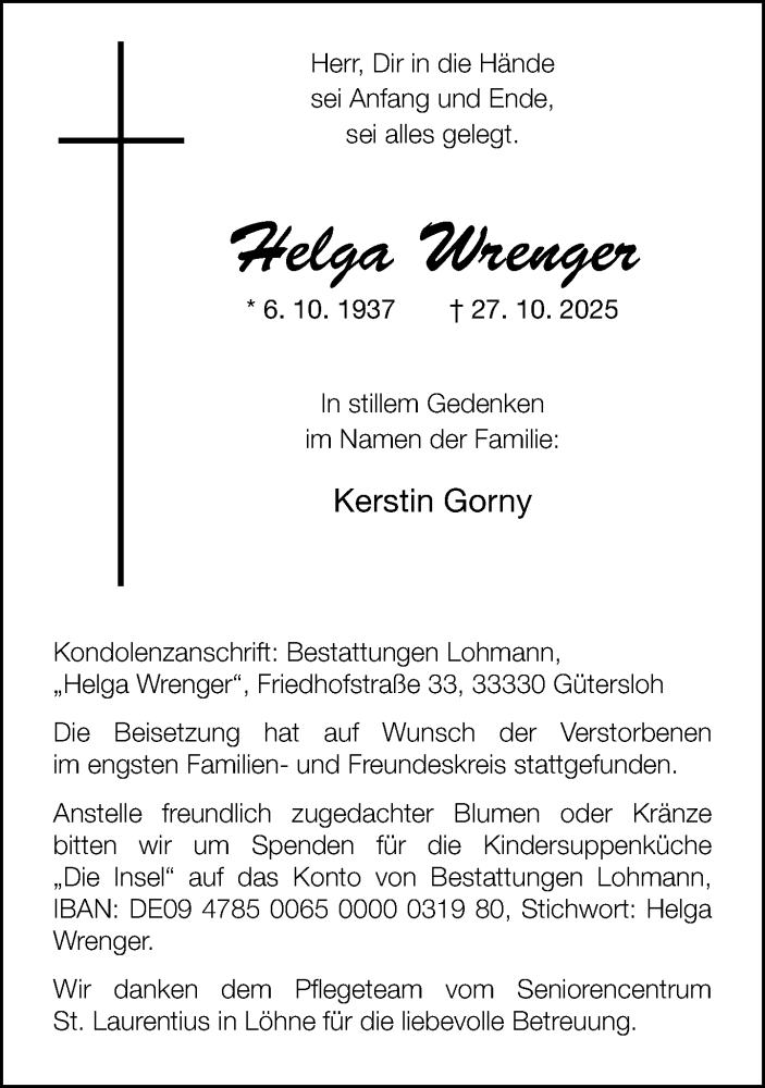  Traueranzeige für Helga Wrenger vom 08.11.2025 aus Neue Westfälische und Westfalen-Blatt