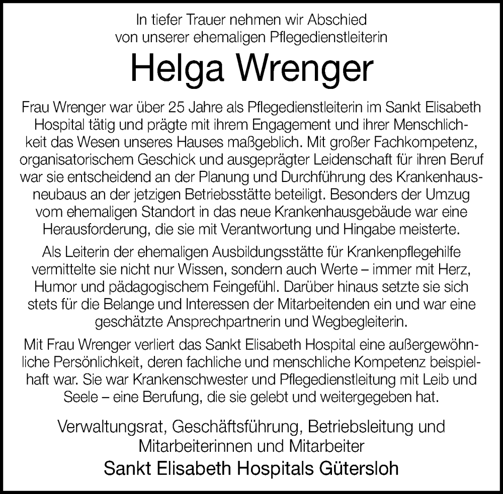  Traueranzeige für Helga Wrenger vom 22.11.2025 aus Neue Westfälische und Westfalen-Blatt