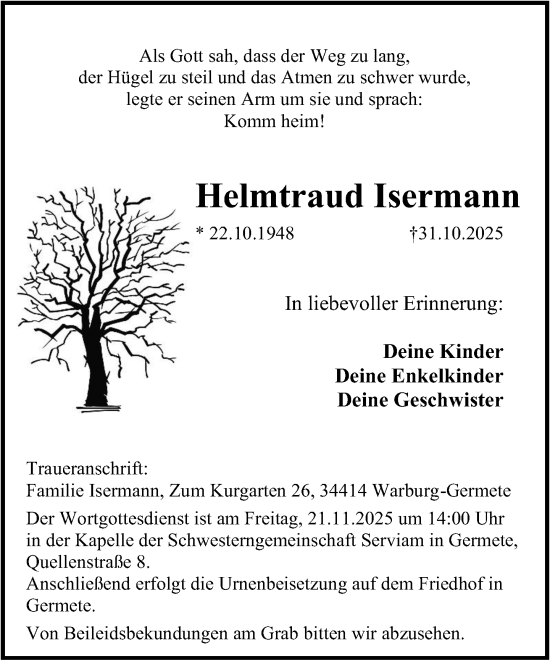 Traueranzeige von Helmtraud Isermann von Neue Westfälische und Westfalen-Blatt