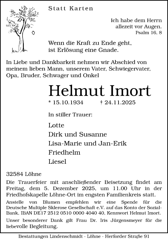 Traueranzeige von Helmut Imort von Neue Westfälische und Westfalen-Blatt