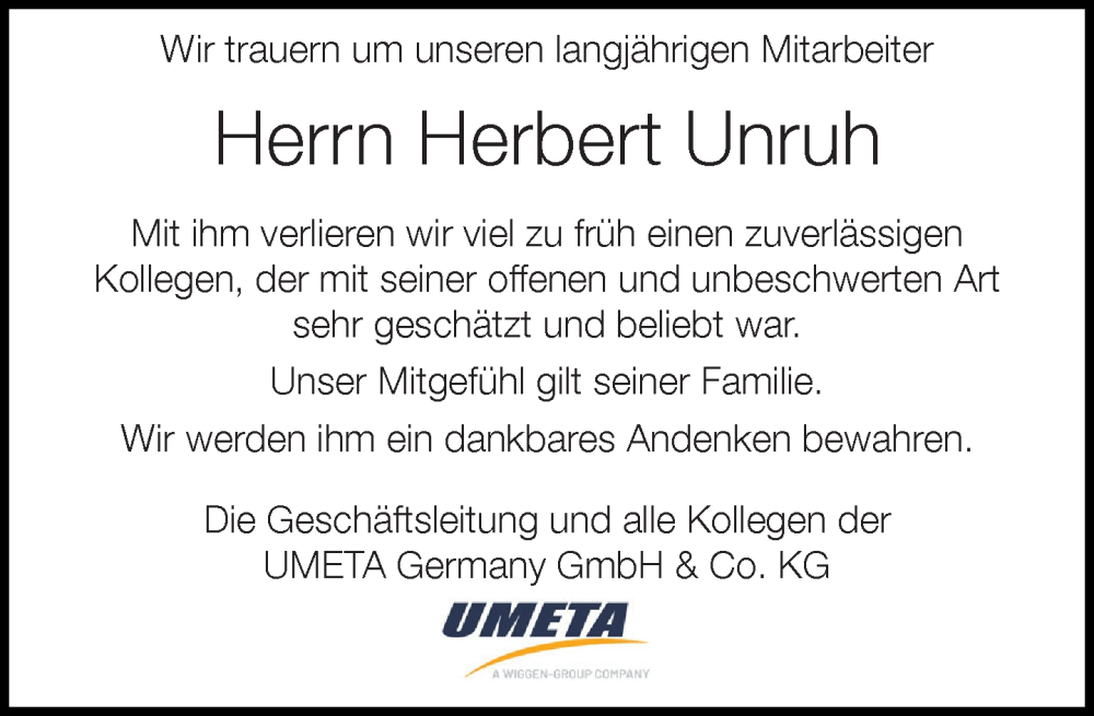  Traueranzeige für Herbert Unruh vom 29.11.2025 aus Neue Westfälische und Westfalen-Blatt