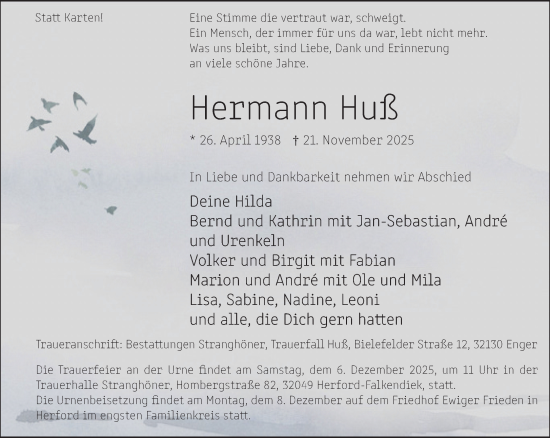 Traueranzeige von Hermann Huß von Neue Westfälische und Westfalen-Blatt