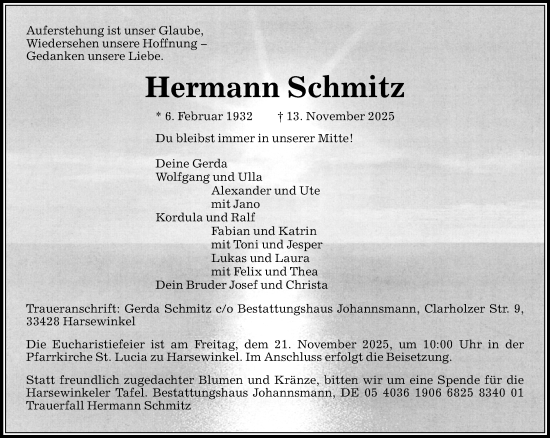 Traueranzeige von Hermann Schmitz von Neue Westfälische und Westfalen-Blatt