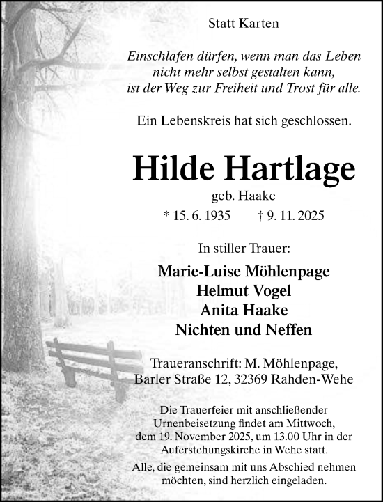 Traueranzeige von Hilde Hartlage von Neue Westfälische und Westfalen-Blatt