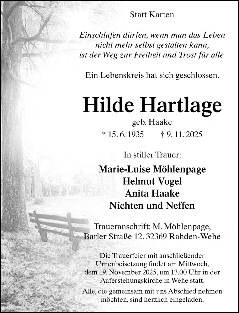  Traueranzeige für Hilde Hartlage vom 14.11.2025 aus Neue Westfälische und Westfalen-Blatt