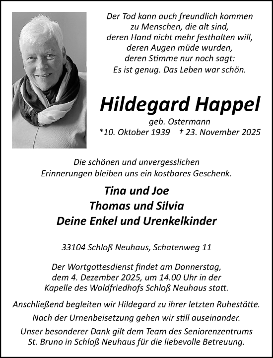 Traueranzeige von Hildegard Happel von Neue Westfälische und Westfalen-Blatt