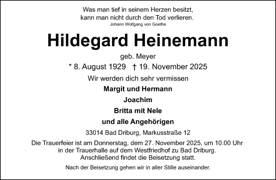 Traueranzeige von Hildegard Heinemann von Neue Westfälische und Westfalen-Blatt