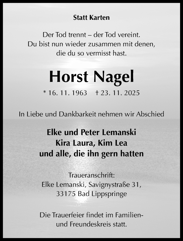  Traueranzeige für Horst Nagel vom 29.11.2025 aus Neue Westfälische und Westfalen-Blatt