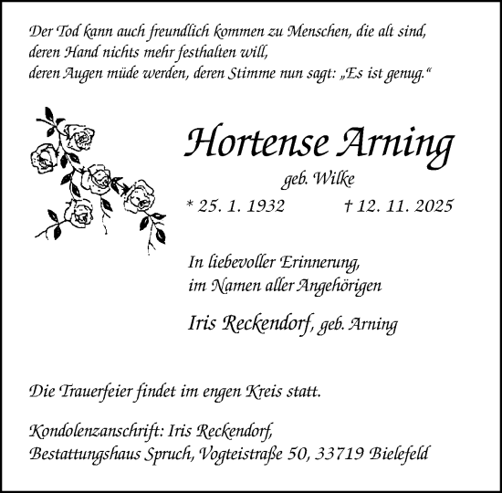 Traueranzeige von Hortense Arning von Neue Westfälische und Westfalen-Blatt