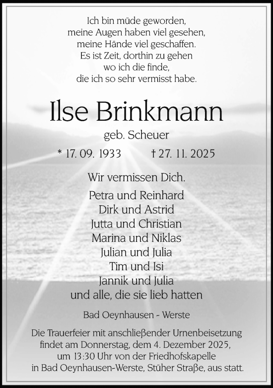 Traueranzeige von Ilse Brinkmann von Neue Westfälische und Westfalen-Blatt