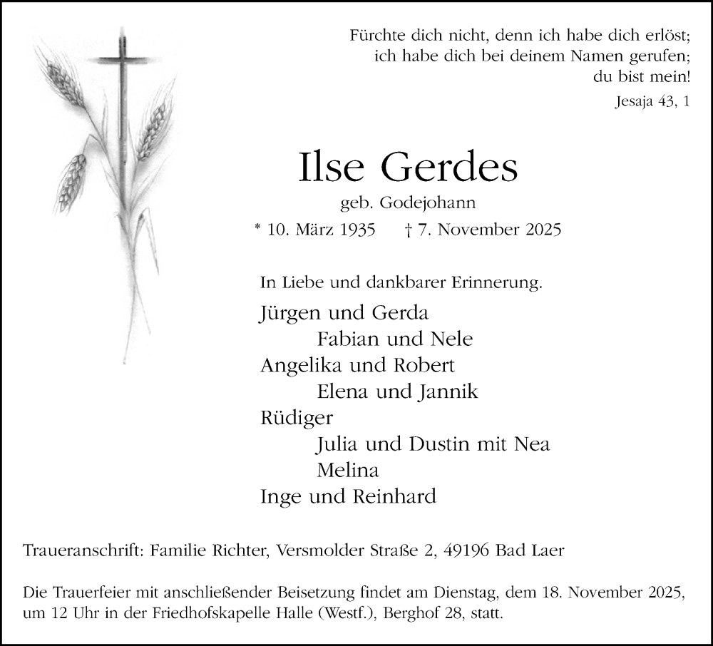  Traueranzeige für Ilse Gerdes vom 15.11.2025 aus Neue Westfälische und Westfalen-Blatt
