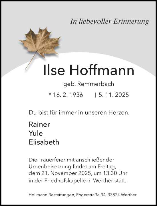 Traueranzeige von Ilse Hoffmann von Neue Westfälische und Westfalen-Blatt