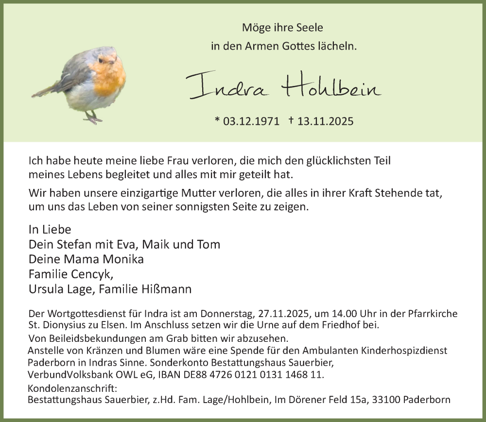  Traueranzeige für Indra Hohlbein vom 15.11.2025 aus Neue Westfälische und Westfalen-Blatt