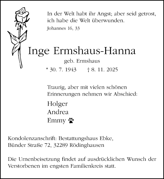 Traueranzeige von Inge Ermshaus-Hanna von Neue Westfälische und Westfalen-Blatt