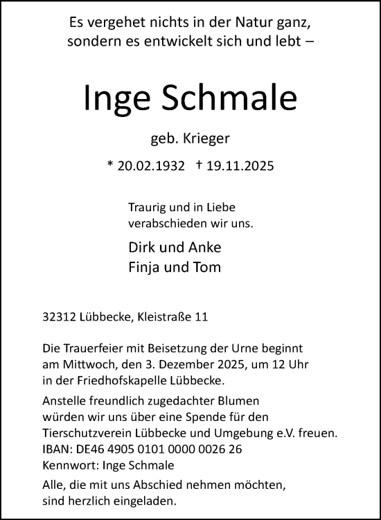 Traueranzeige von Inge Schmale von Neue Westfälische und Westfalen-Blatt
