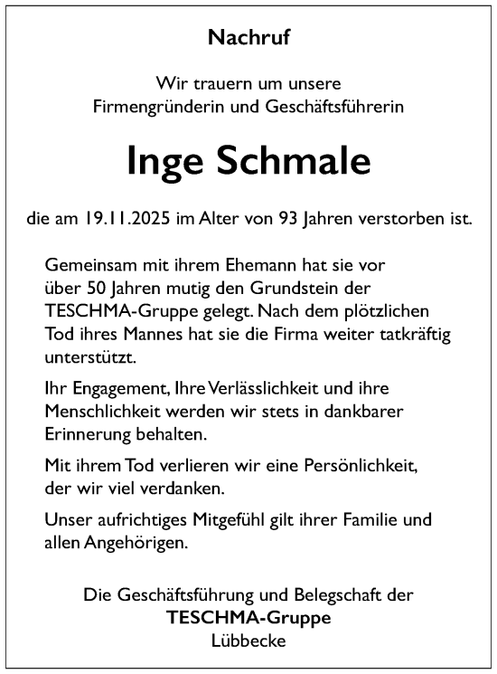 Traueranzeige von Inge Schmale von Neue Westfälische und Westfalen-Blatt