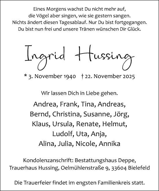 Traueranzeige von Ingrid Hussing von Neue Westfälische und Westfalen-Blatt
