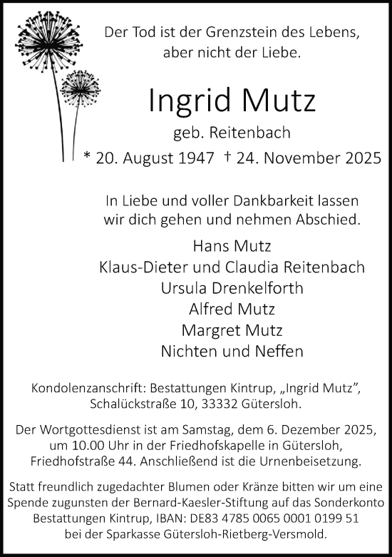 Traueranzeige von Ingrid Mutz von Neue Westfälische und Westfalen-Blatt