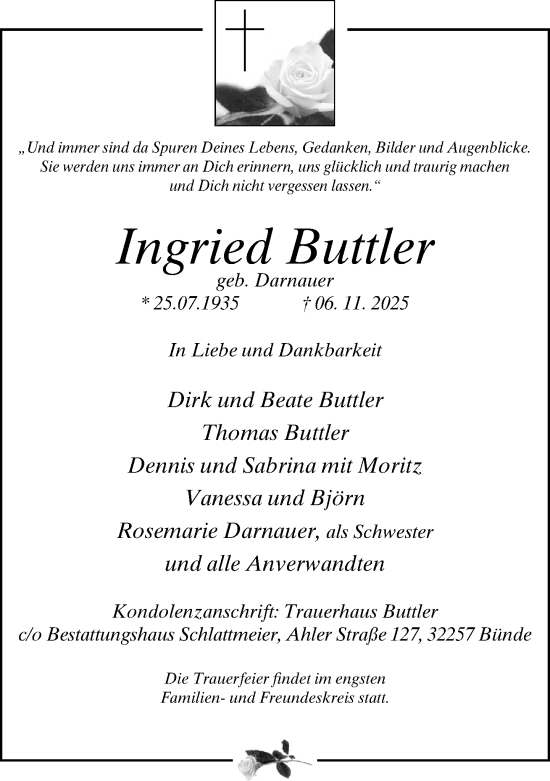 Traueranzeige von Ingried Buttler von Neue Westfälische und Westfalen-Blatt