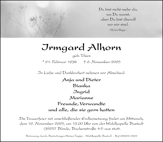Traueranzeige von Irmgard Alhorn von Neue Westfälische und Westfalen-Blatt