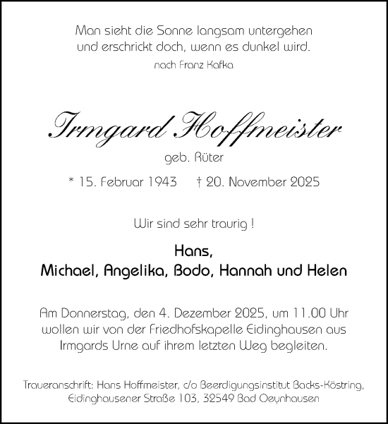 Traueranzeige von Irmgard Hoffmeister von Neue Westfälische und Westfalen-Blatt