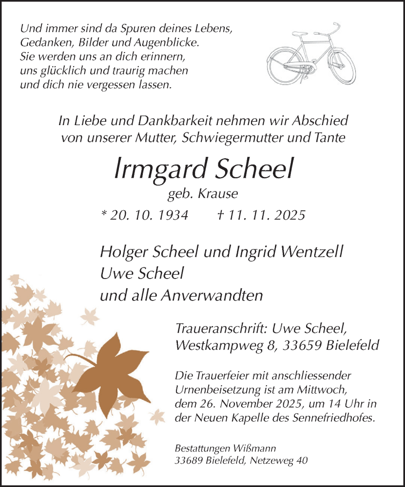  Traueranzeige für Irmgard Scheel vom 15.11.2025 aus Neue Westfälische und Westfalen-Blatt