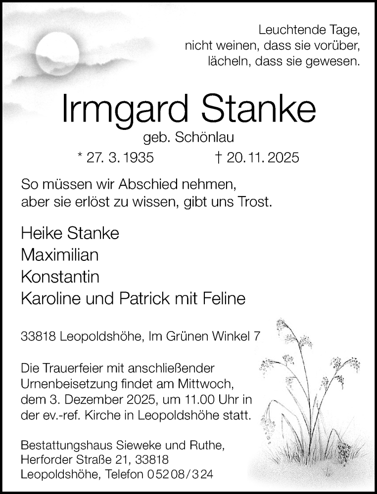  Traueranzeige für Irmgard Stanke vom 29.11.2025 aus Neue Westfälische und Westfalen-Blatt