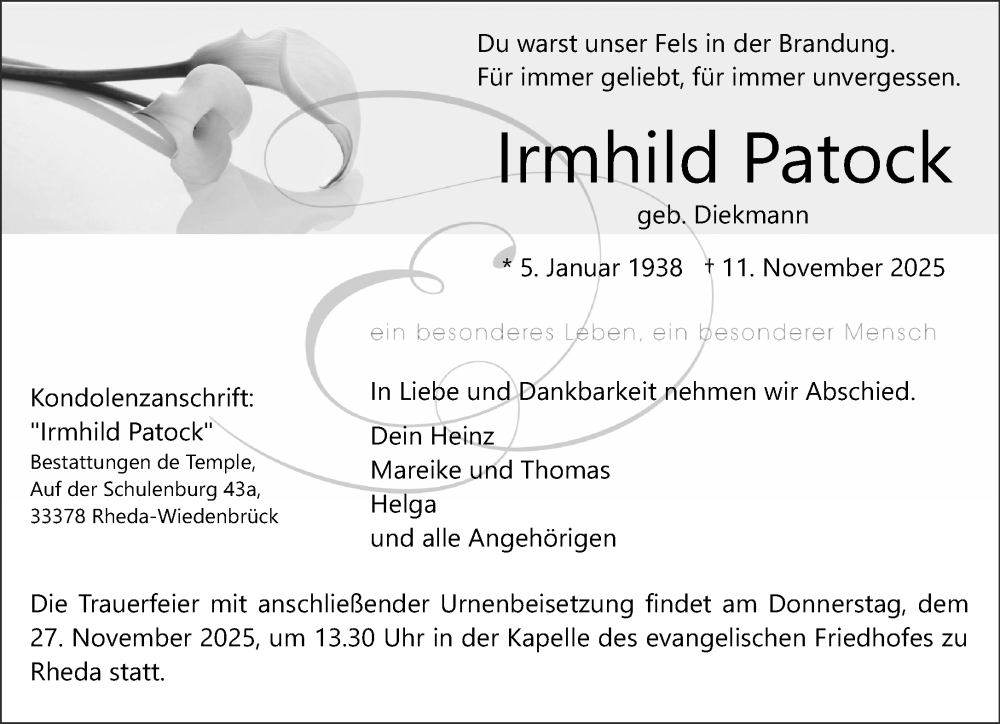  Traueranzeige für Irmhild Patock vom 22.11.2025 aus Neue Westfälische und Westfalen-Blatt