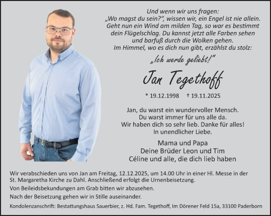 Traueranzeige von Jan Tegethoff von Neue Westfälische und Westfalen-Blatt