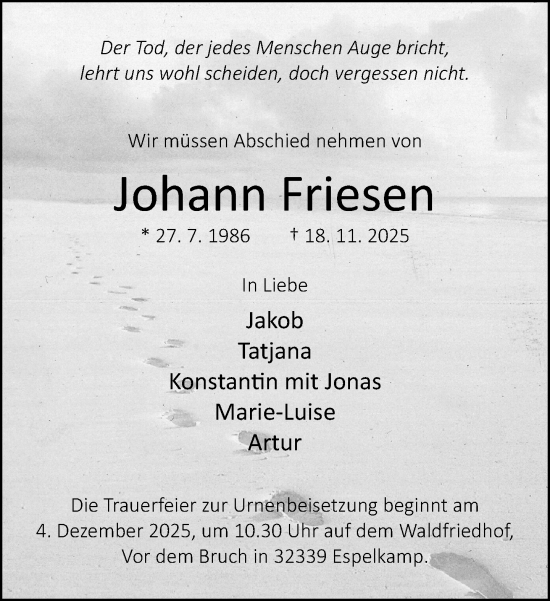 Traueranzeige von Johann Friesen von Neue Westfälische und Westfalen-Blatt