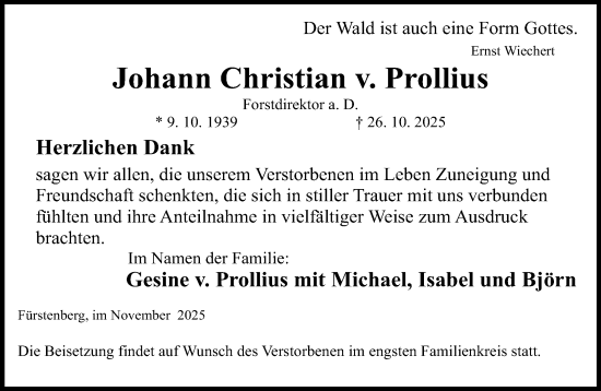 Traueranzeige von Johann Christian v. Prollius von Neue Westfälische und Westfalen-Blatt